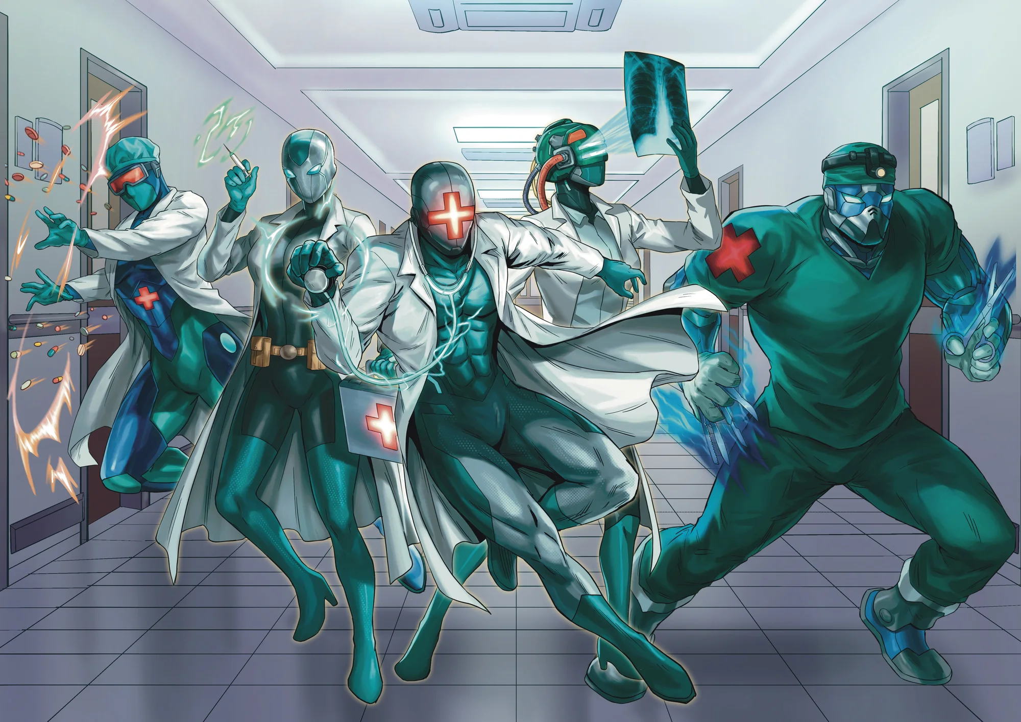 The Private Practice League — doctor heroes assembling in a hospital corridor